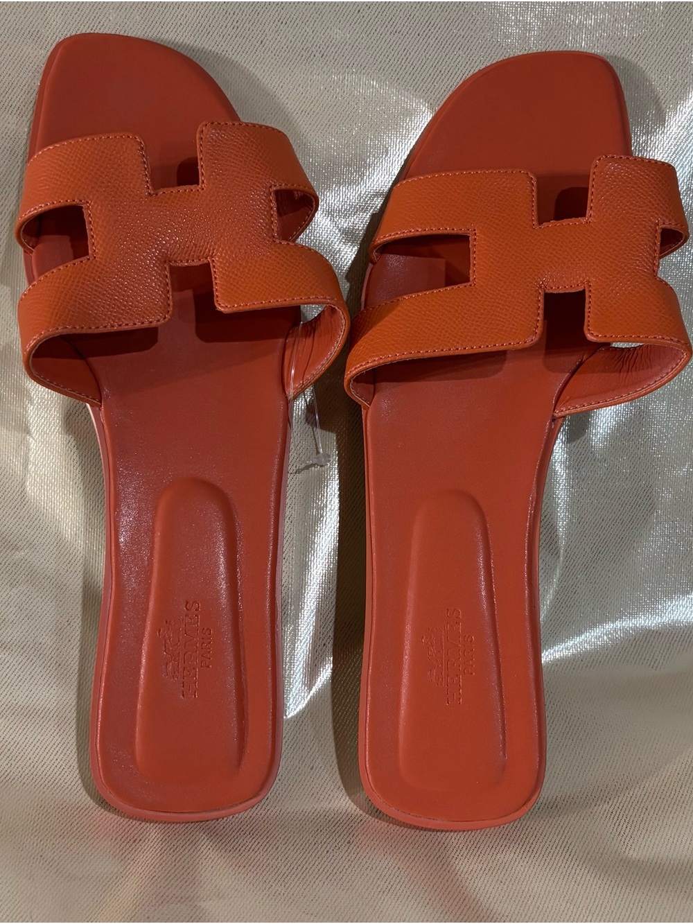 Hermes Orange H‑Strap Slide Sandals. Made in Italy